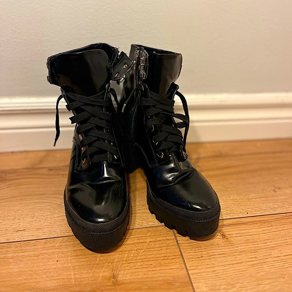 Bershka Black Patent Combat Boots - still in good condition - Picture 1 of 4